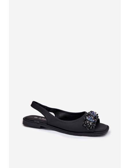 Ladies Flat Sandals With Crystals Black S.Barski KV51-079