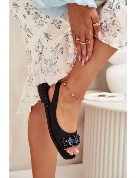 Ladies Flat Sandals With Crystals Black S.Barski KV51-079
