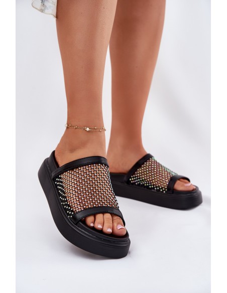 Embellished Women's Platform Slippers With Mesh Black S.Barski MY51-016