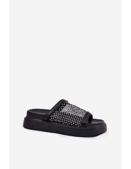 Embellished Women's Platform Slippers With Mesh Black S.Barski MY51-016