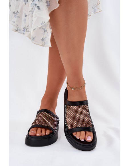 Embellished Women's Platform Slippers With Mesh Black S.Barski MY51-016