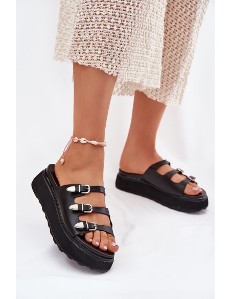 Moteriškos šlepetės su platforma ir dirželiais, juodos... 