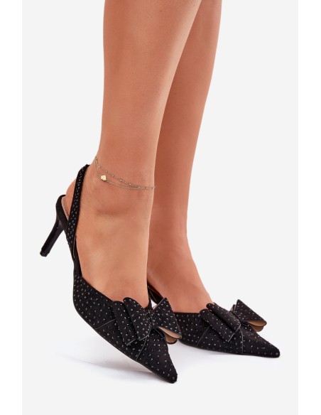 Embellished Stilettos With Open Heel And Bow Black Nilandriela
