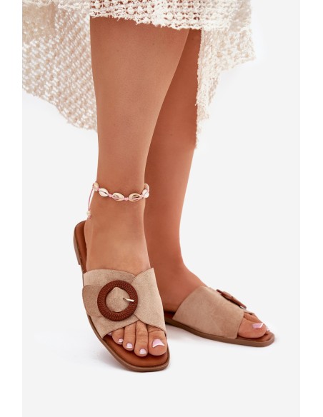 Womens Flat Heeled Sandals With Buckle Beige Lanoni