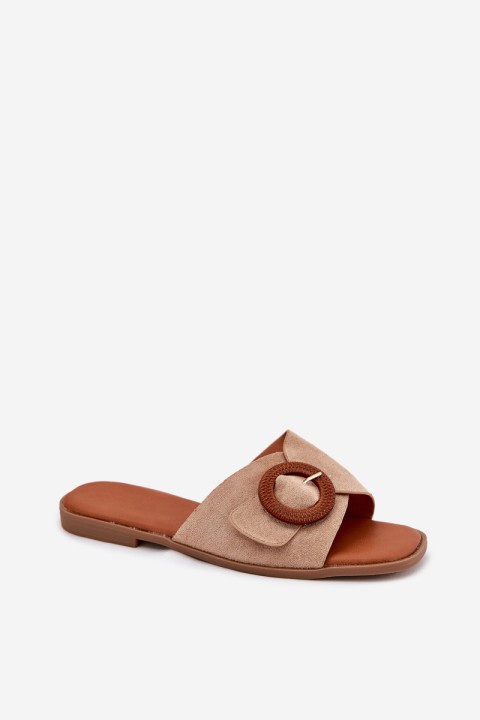 Womens Flat Heeled Sandals With Buckle Beige Lanoni