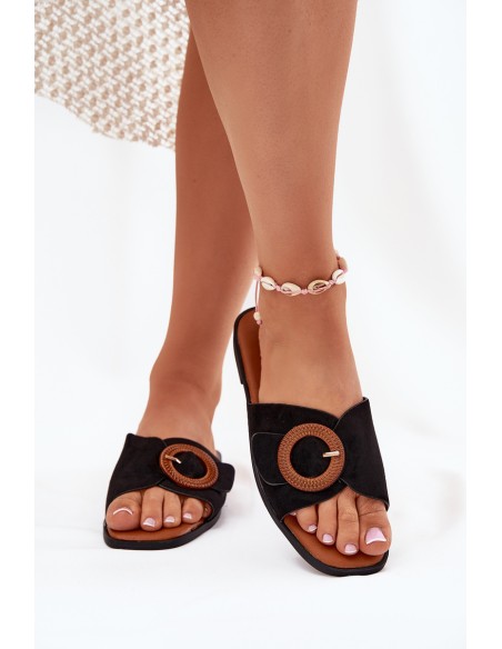 Womens Slippers On Flat Heel With Buckle Black Lanoni