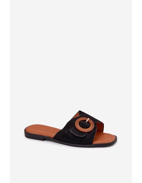 Womens Slippers On Flat Heel With Buckle Black Lanoni