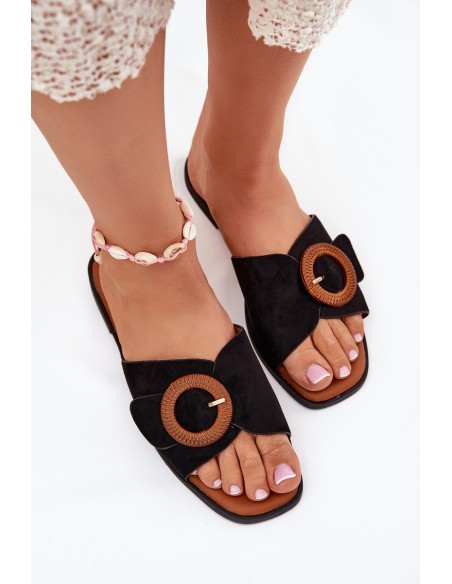 Womens Slippers On Flat Heel With Buckle Black Lanoni