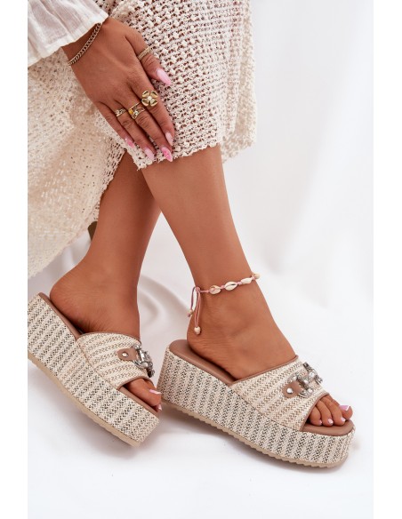 Women's Wedge Sandals With Braiding And Decoration Beige Isolene