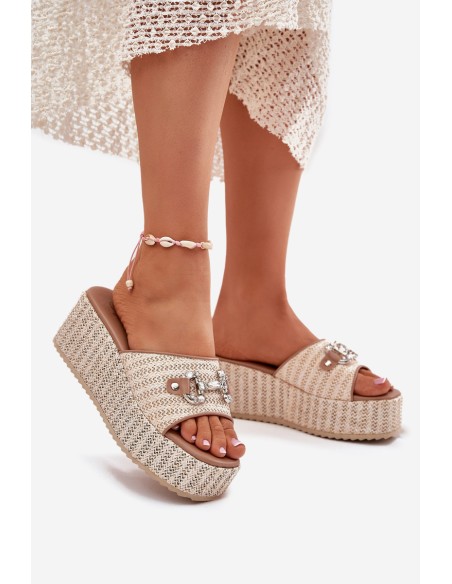 Women's Wedge Sandals With Braiding And Decoration Beige Isolene