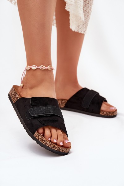 Ladies Sandals With Velcro On Cork Platform Black Baylin
