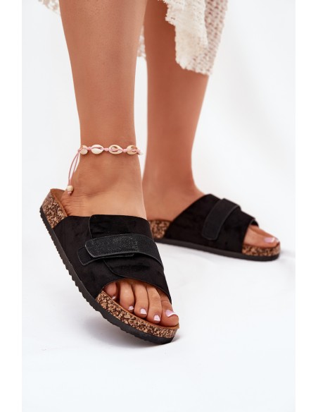Ladies Sandals With Velcro On Cork Platform Black Baylin