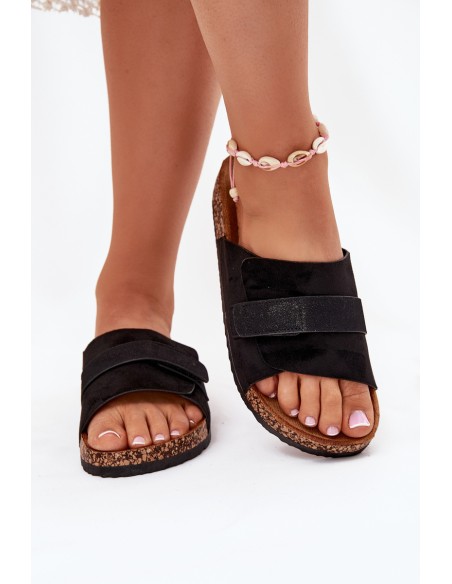 Ladies Sandals With Velcro On Cork Platform Black Baylin