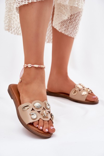 Women's Flat Sandals With Golden Pins Beige Nalothiel