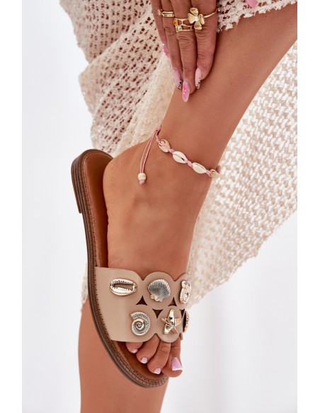 Women's Flat Sandals With Golden Pins Beige Nalothiel