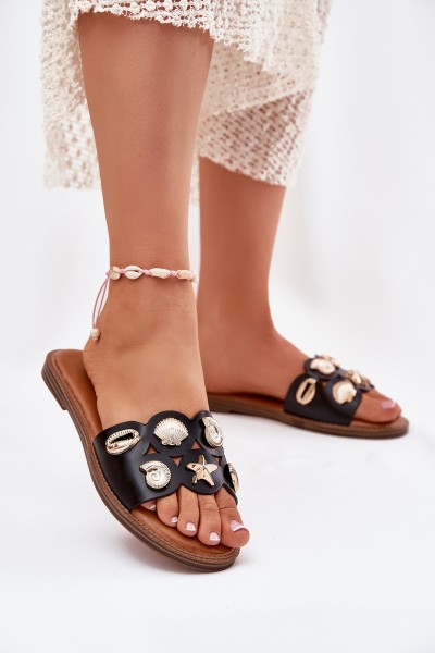 Women's Flat Sandals With Golden Studs Black Nalothiel