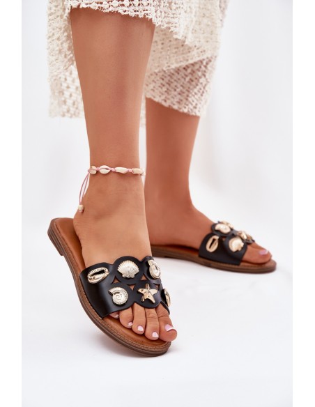 Women's Flat Sandals With Golden Studs Black Nalothiel