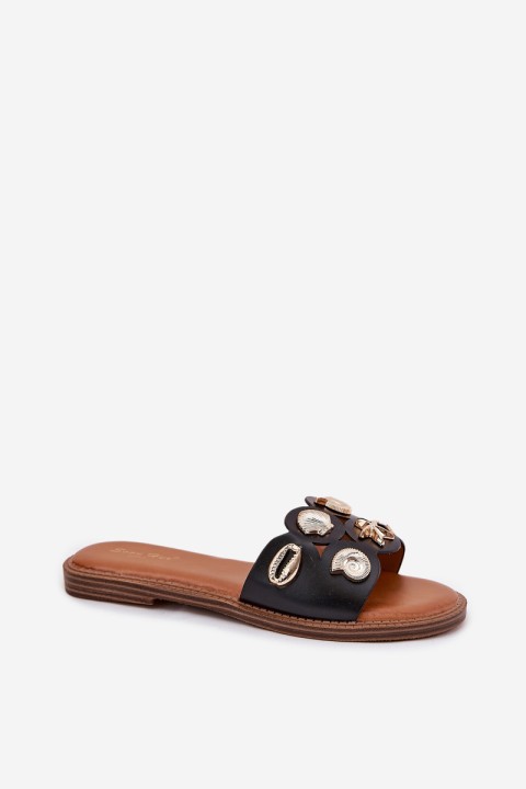 Women's Flat Sandals With Golden Studs Black Nalothiel