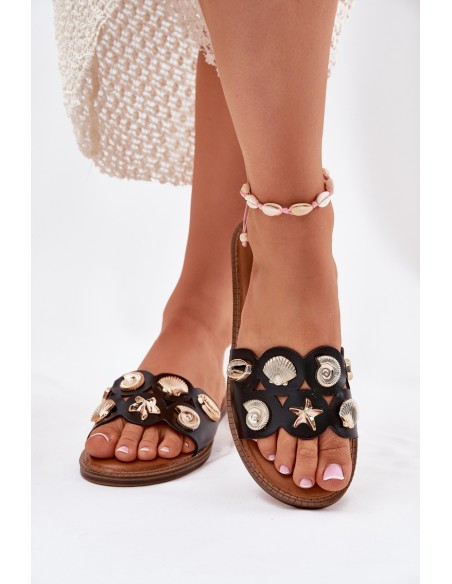 Women's Flat Sandals With Golden Studs Black Nalothiel