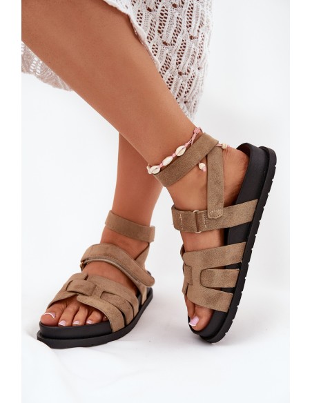 Eco suede women's sandals with Velcro dark beige Valpera