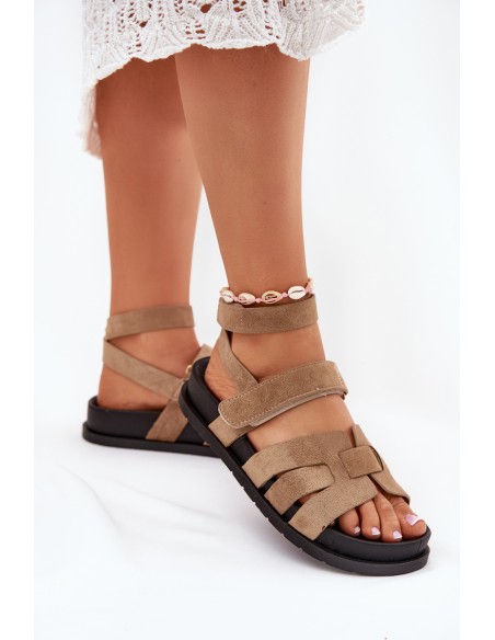 Eco suede women's sandals with Velcro dark beige Valpera