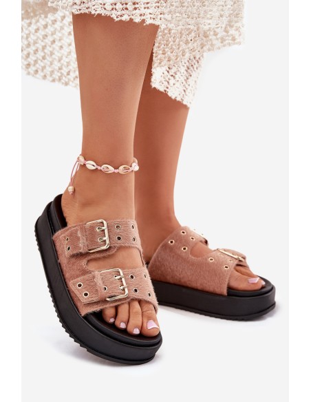 Women's Slides With Golden Buckles On Platform Beige Virvania