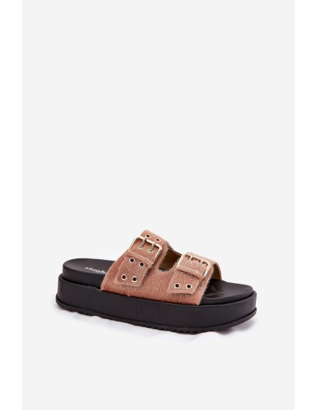 Women's Slides With Golden Buckles On Platform Beige Virvania