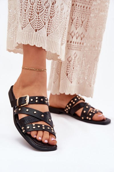 Embellished Women's Slide Sandals On Flat Heel With Straps And Buckle Black Manitte
