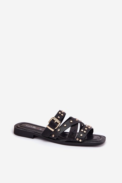 Embellished Women's Slide Sandals On Flat Heel With Straps And Buckle Black Manitte 2