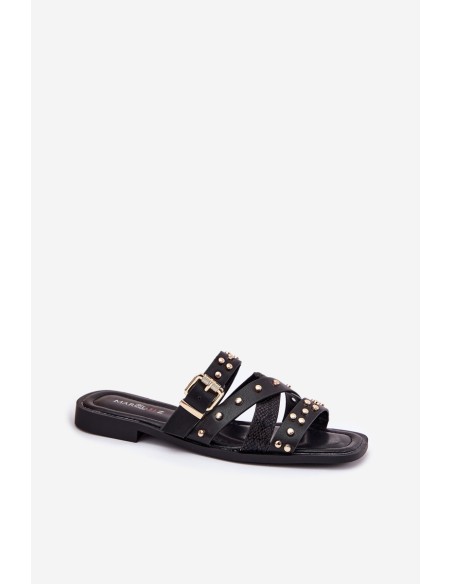 Embellished Women's Slide Sandals On Flat Heel With Straps And Buckle Black Manitte