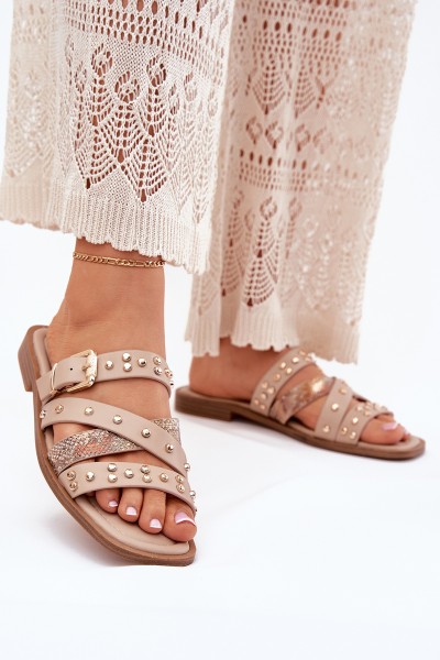 Embellished women sandals on flat heel with straps and buckle beige Manitte
