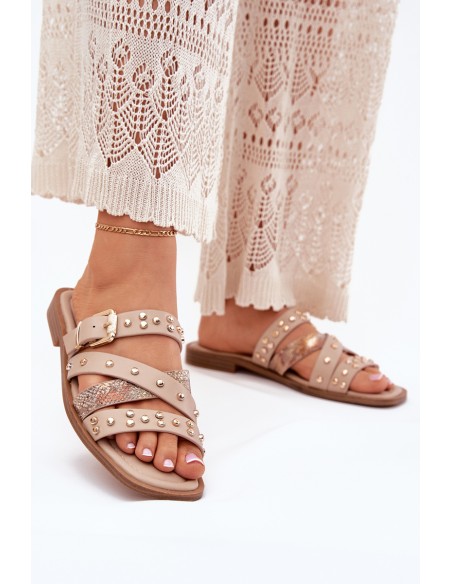 Embellished women sandals on flat heel with straps and buckle beige Manitte