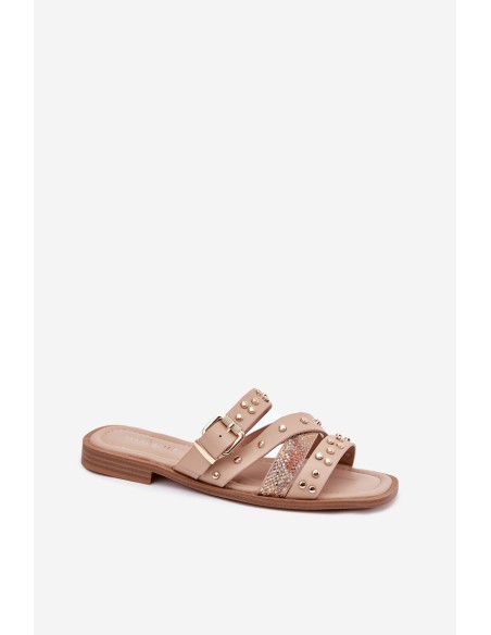 Embellished women sandals on flat heel with straps and buckle beige Manitte