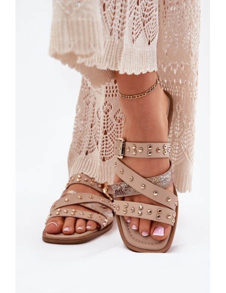 Embellished women sandals on flat heel with straps and buckle beige Manitte