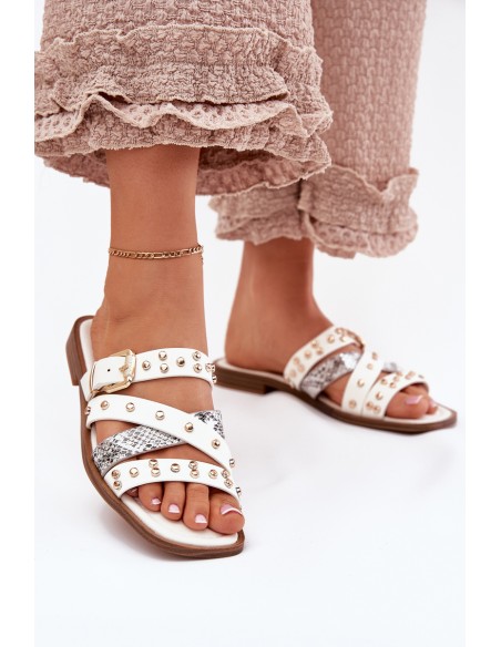 Embellished women's flip flops on flat heel with straps and buckle white Manitte