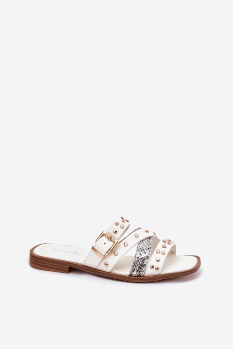 Embellished women's flip flops on flat heel with straps and buckle white Manitte