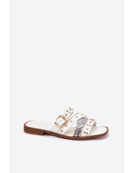 Embellished women's flip flops on flat heel with straps and buckle white Manitte