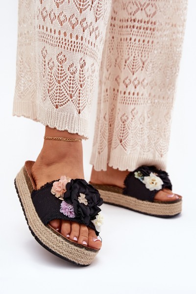 Women's Sandals With Flowers Platform With Braiding Black Zenvanis