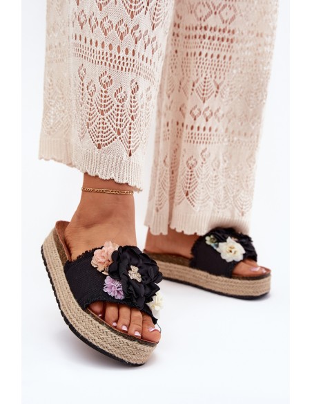Women's Sandals With Flowers Platform With Braiding Black Zenvanis