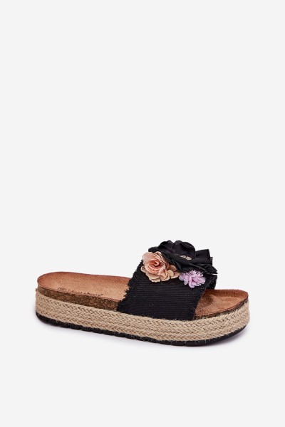 Women's Sandals With Flowers Platform With Braiding Black Zenvanis 2