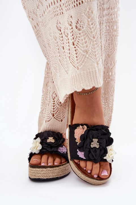 Women's Sandals With Flowers Platform With Braiding Black Zenvanis