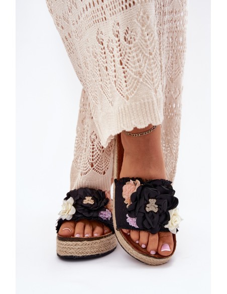 Women's Sandals With Flowers Platform With Braiding Black Zenvanis