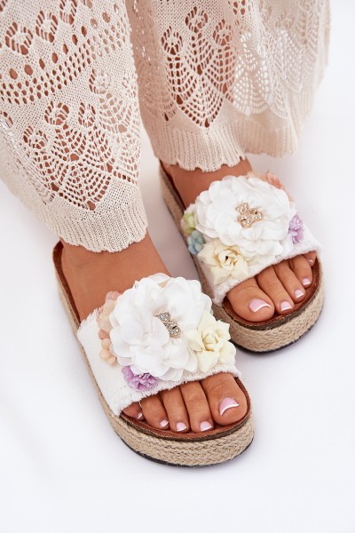 Women's sandals with flowers platform with weaving white Zenvanis
