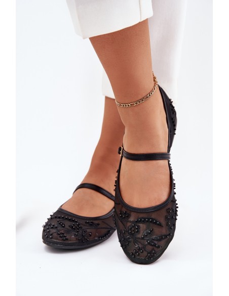 Mesh Ballet Flats With Embroidery And Decoration Black Tillilora
