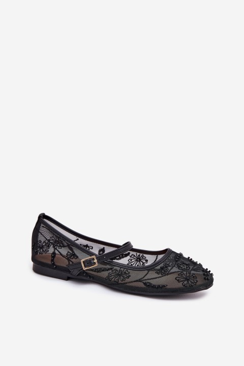 Mesh Ballet Flats With Embroidery And Decoration Black Tillilora