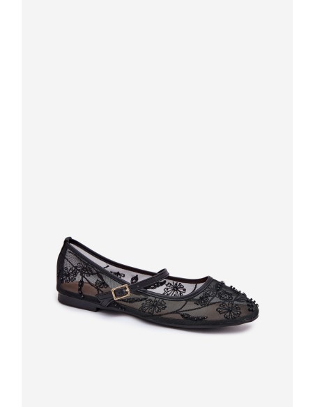 Mesh Ballet Flats With Embroidery And Decoration Black Tillilora
