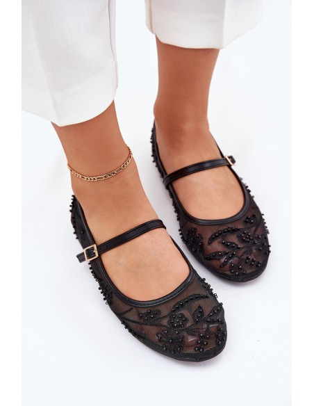Mesh Ballet Flats With Embroidery And Decoration Black Tillilora