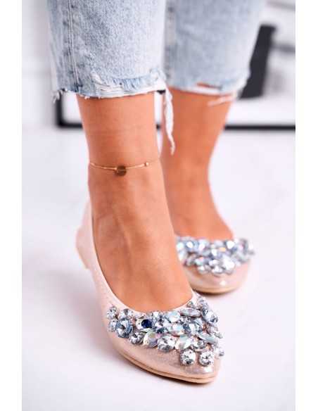 Leather Ballerinas With Decorative Stones Gold Crystal