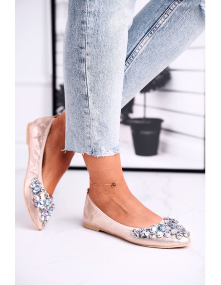 Leather Ballerinas With Decorative Stones Gold Crystal