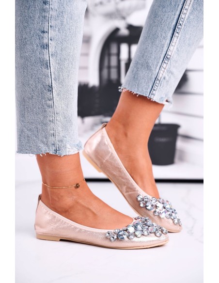 Leather Ballerinas With Decorative Stones Gold Crystal